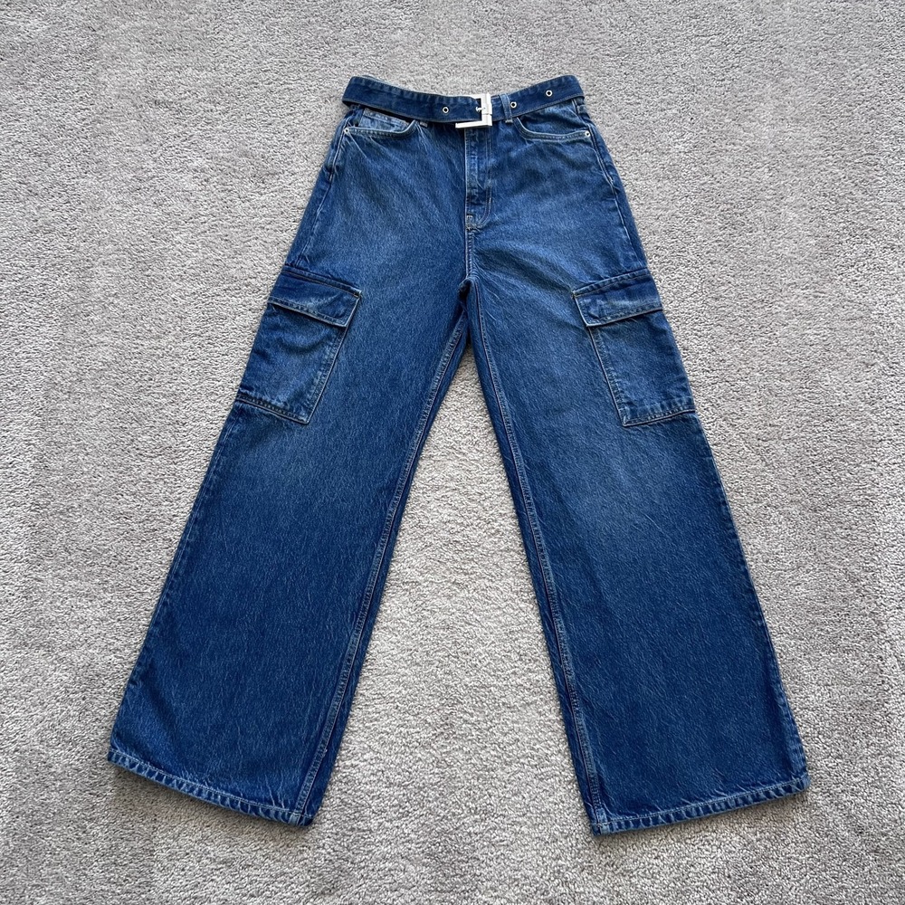Reformation Cary Belted Cargo High‎ Rise Slouchy Wide Leg Jeans Womens 27 Blue